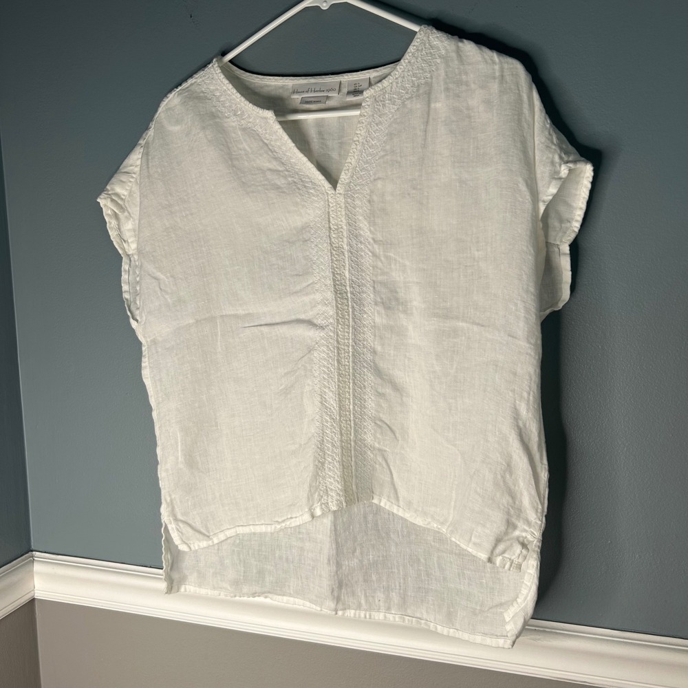 House of Harlow 1960 White 100% Linen Embroidered V-Neck Cap Sleeve Top Small